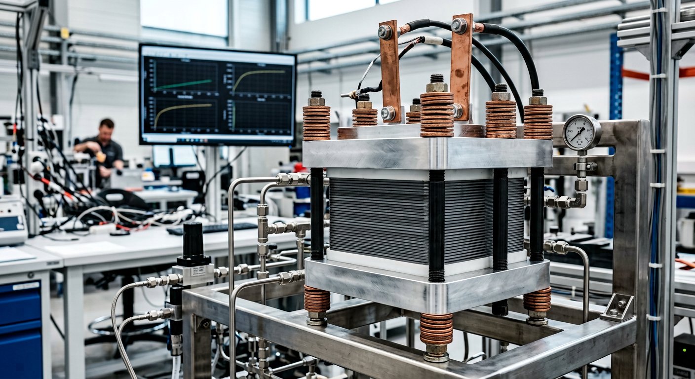 Siltrax PEM electrolyzer stack on a hydrogen test bench