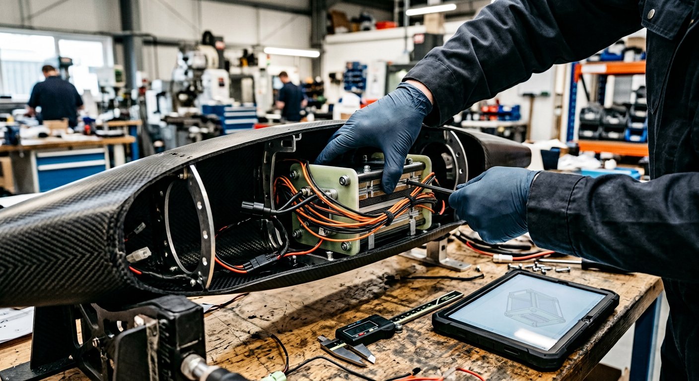 Technician installing a compact fuel cell stack into the tight payload bay of a carbon-fiber drone, showing how high power density saves space and weight.