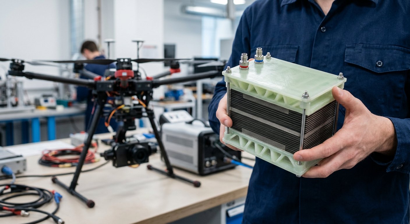 Compact, lightweight Siltrax fuel cell stack held in hand — high power density in a small package.