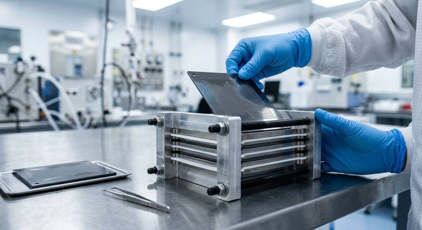 Silicon bipolar plate being installed into a Siltrax electrolyzer stack.